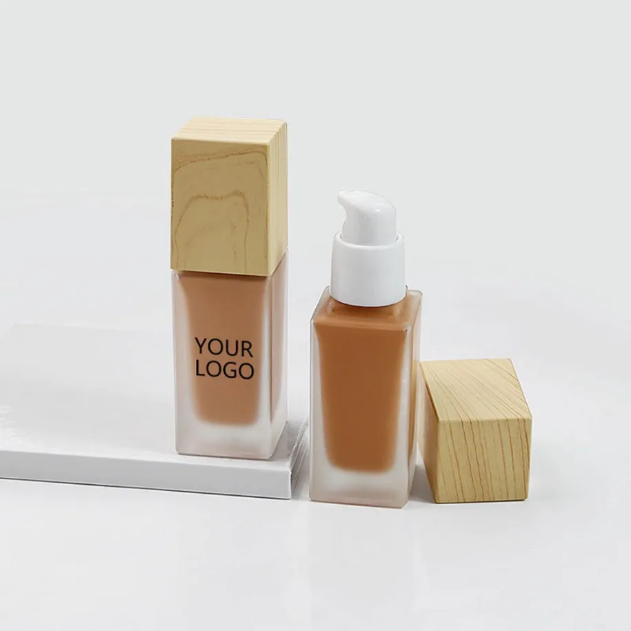 Private Label Vegan 30ml Foundation High End Press Glazen Fles Concealer Hydraterende Crème Houten Dop Langdurig Aangepast Logo
