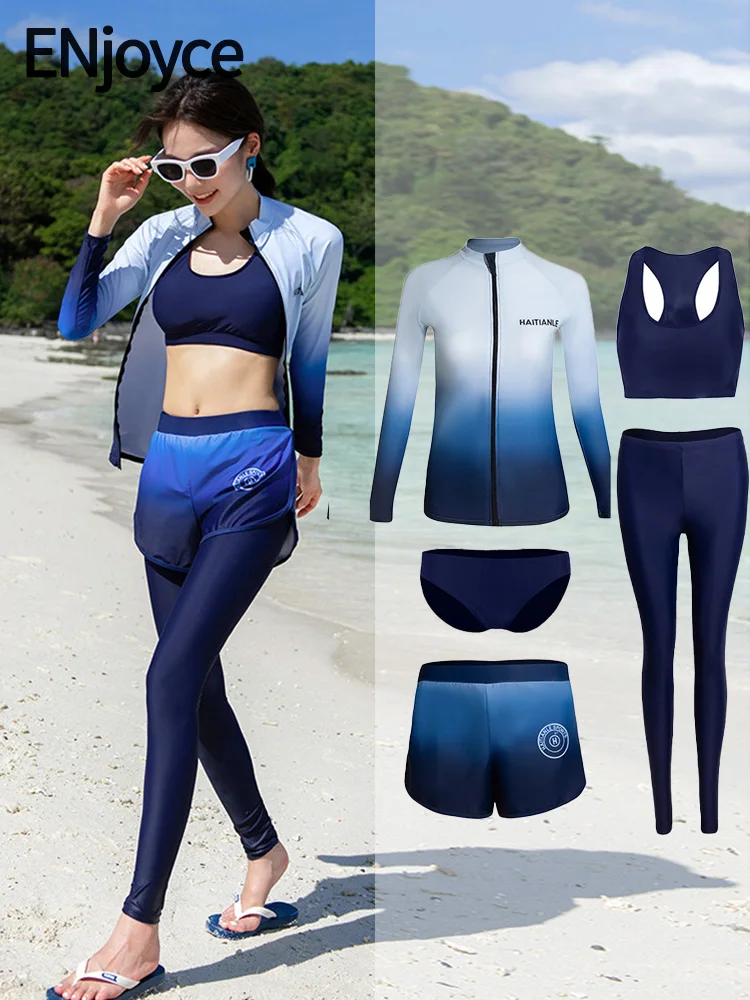 Women Long Sleeve Rash Guard Print 5 Pieces Swimsuit Zipper Swimwear with shorts Bathing Suits Surfing Suits Pad Long Pants