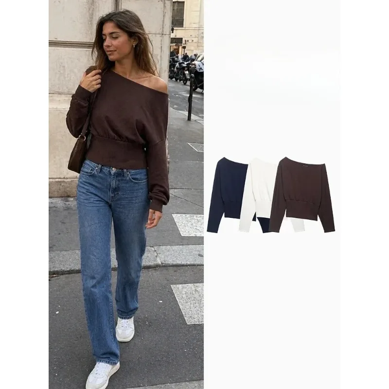 

ZOCI Women Fashion Solid Elastic Waist Pullover Sweatshirts Vintage Asymmetrical Neck Long Sleeves Female Chic Lady Tops