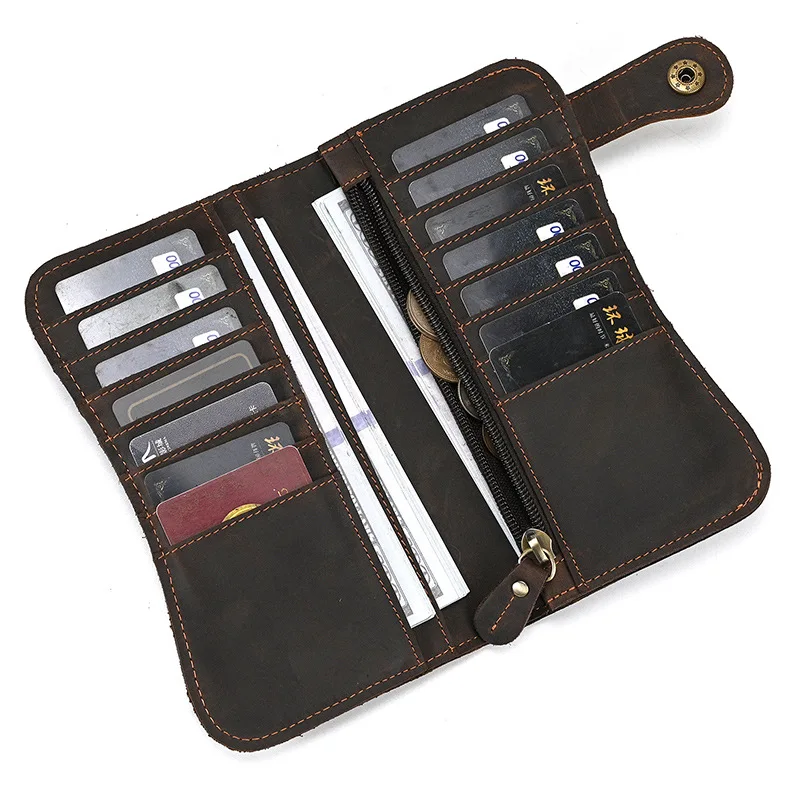 New men's genuine leather long wallet, Crazy Horse leather pattern wallet, retro iron chain anti-theft clutch bag pouch