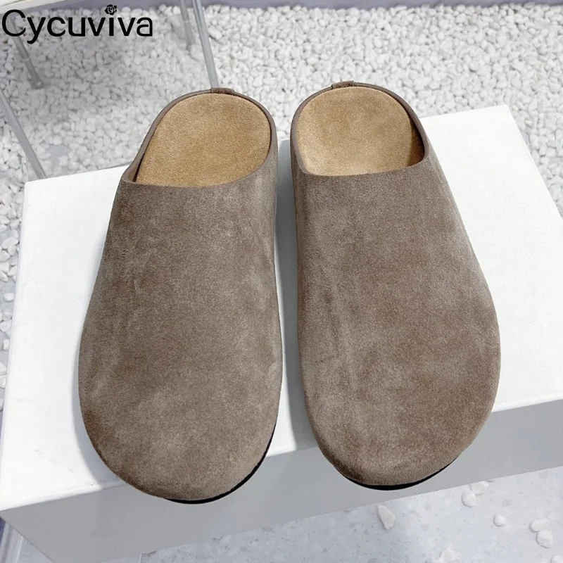 New Platform Flat Half Slippers Women Suede Leather Holiday Beach Flat Shoes Round Toe Leisure Comfort Spring Walk Shoes Woman