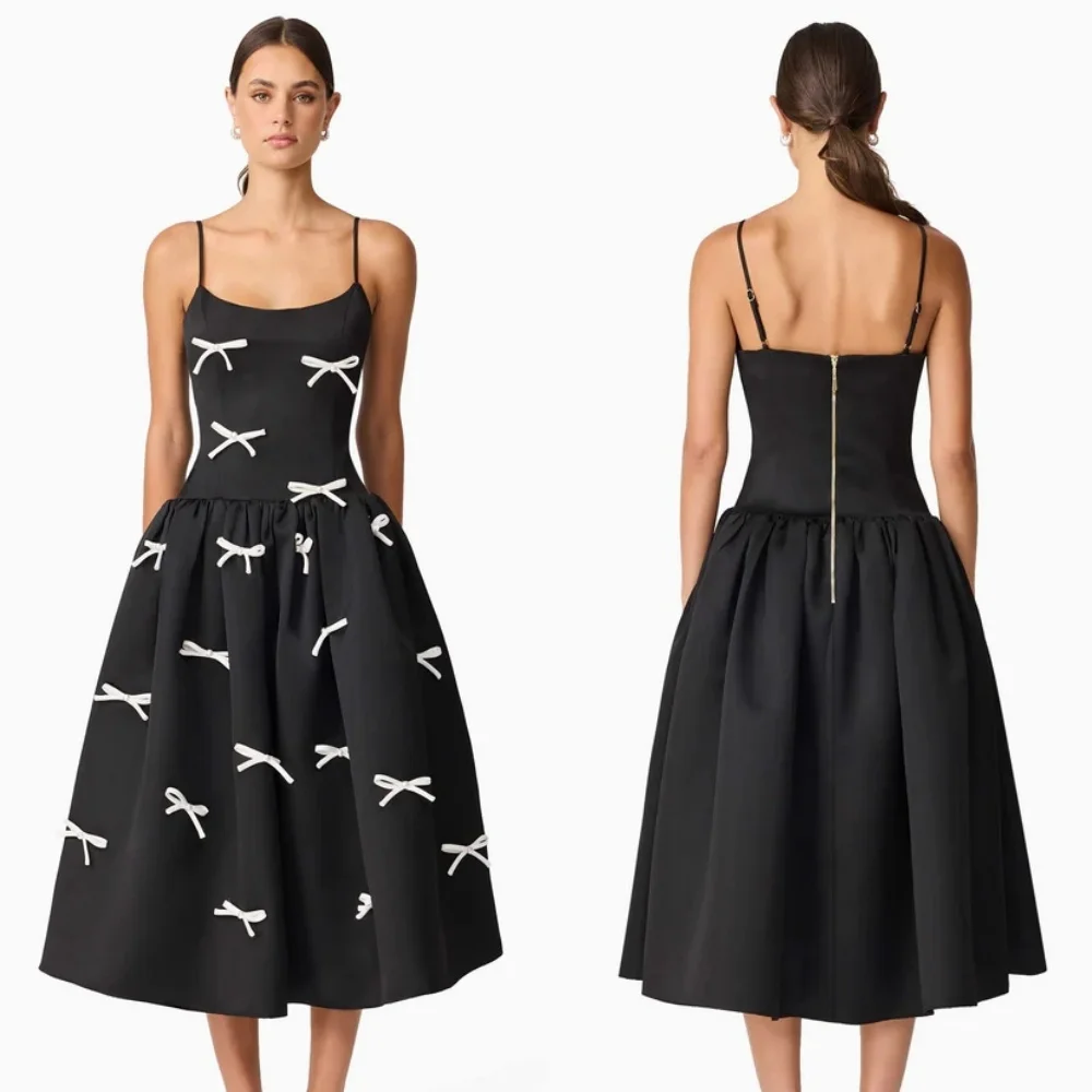 

Индивидуальный современный стиль, формальный трикотаж с бантом, плиссированные трапециевидные платья на тонких бретельках, платья чайной длины, платья для особых случаев на заказ, высокое качество