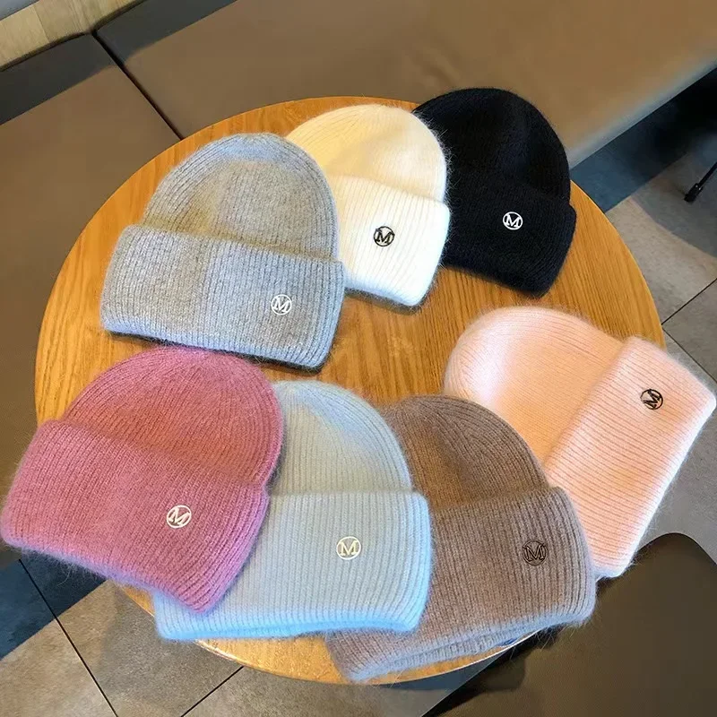 Winter Real Rabbit Fur Knitted Beanies For Women Fashion Solid Warm Cashmere Wool Skullies Beanies Female Three Fold Thick Hats