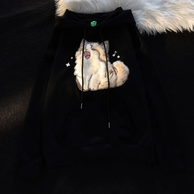 Cute Kawaii Cat Hoodies Women 2024 New Autumn Winter Thick Women Pulovers Fleece Inside Hooded Sweatshirt Girls Y2k Streetwear