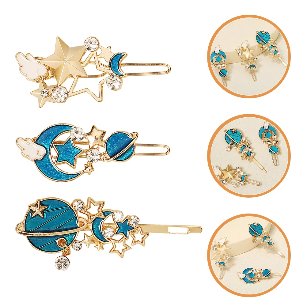 

3 Pcs Hair Clip Side Girls Accessories Gold Clips Vintage Moon Alloy Rhinestone Hollow for Women Women's Bangs