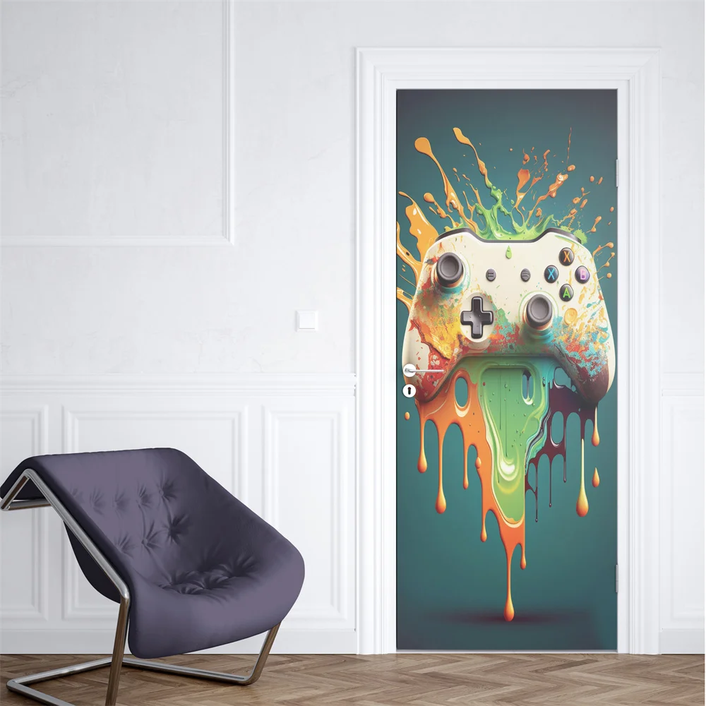 Neon Punk Game Door Sticker Splash Ink Gamepad Wallpaper Gaming Murals PVC Waterproof Self-adhesive Teens Bedroom Decor Poster