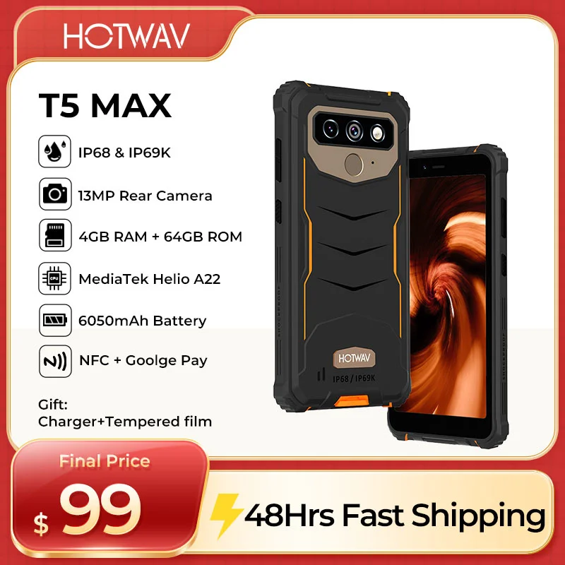 HOTWAV T5 Max Rugged Smartphone Android 13 OS MTK6761 6.0 Inch Screen Phone 4GB 64GB 6050mAh Massive Battery NFC Cell Phone