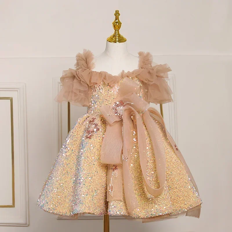 Abiti da principessa con paillettes dorate con spalle scoperte Abito da ballo per bambini in tulle chic con spalle scoperte Abito da ballo in costume da spettacolo per ragazze2