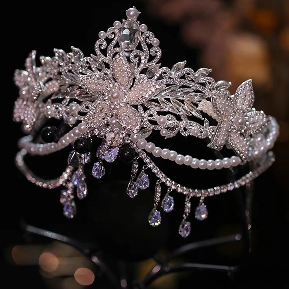 New Luxury Wedding Hair Tiara Crystal Pearl Flower Bridal Crown Diadem Tiaras Headband Hair Accessories Headpieces Head Jewelry