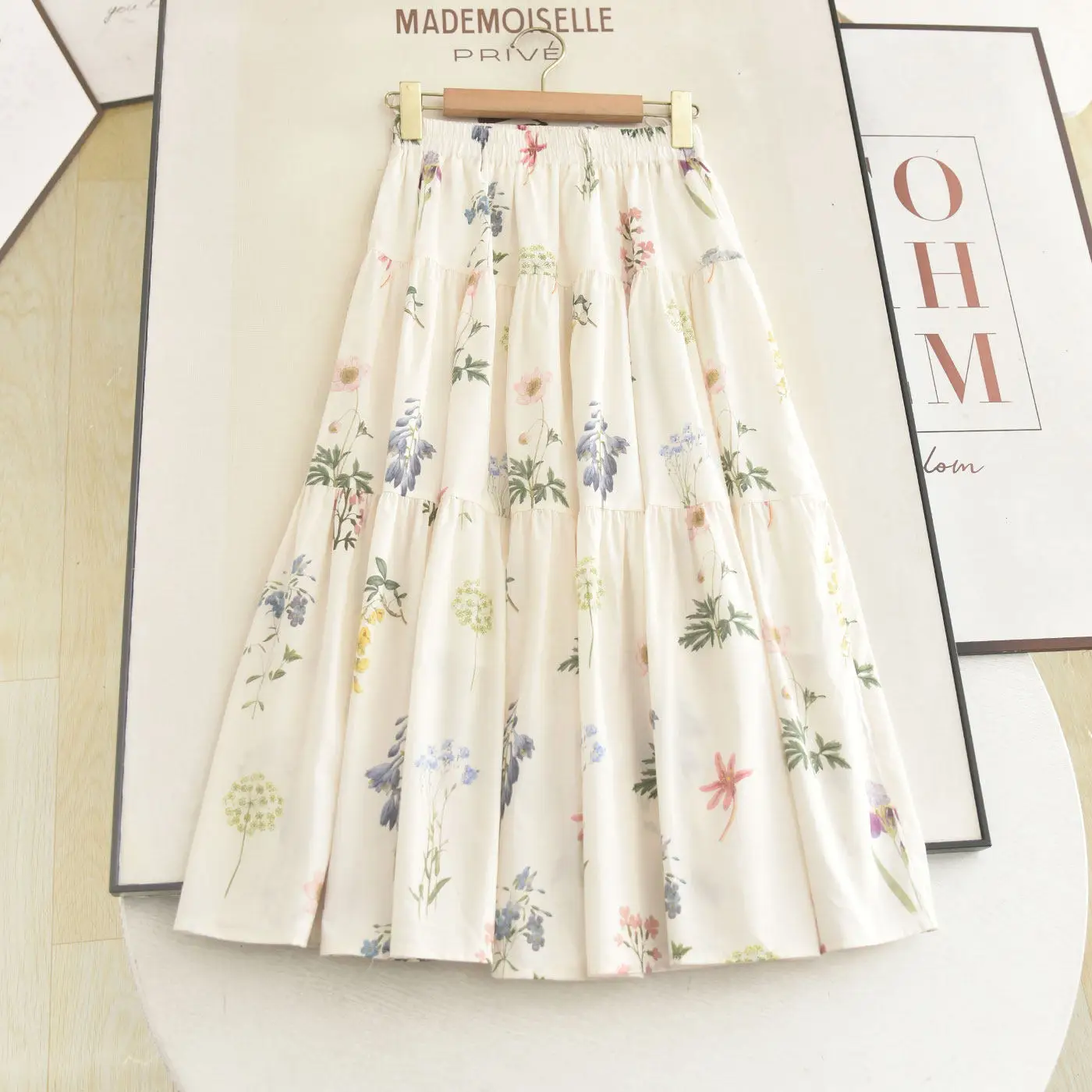 

French Countryside Garden Mori Girl Botanical Floral Skirt Elastic Waist Tiered A-line Midi Skirt Casual Beach Vacation Outfits