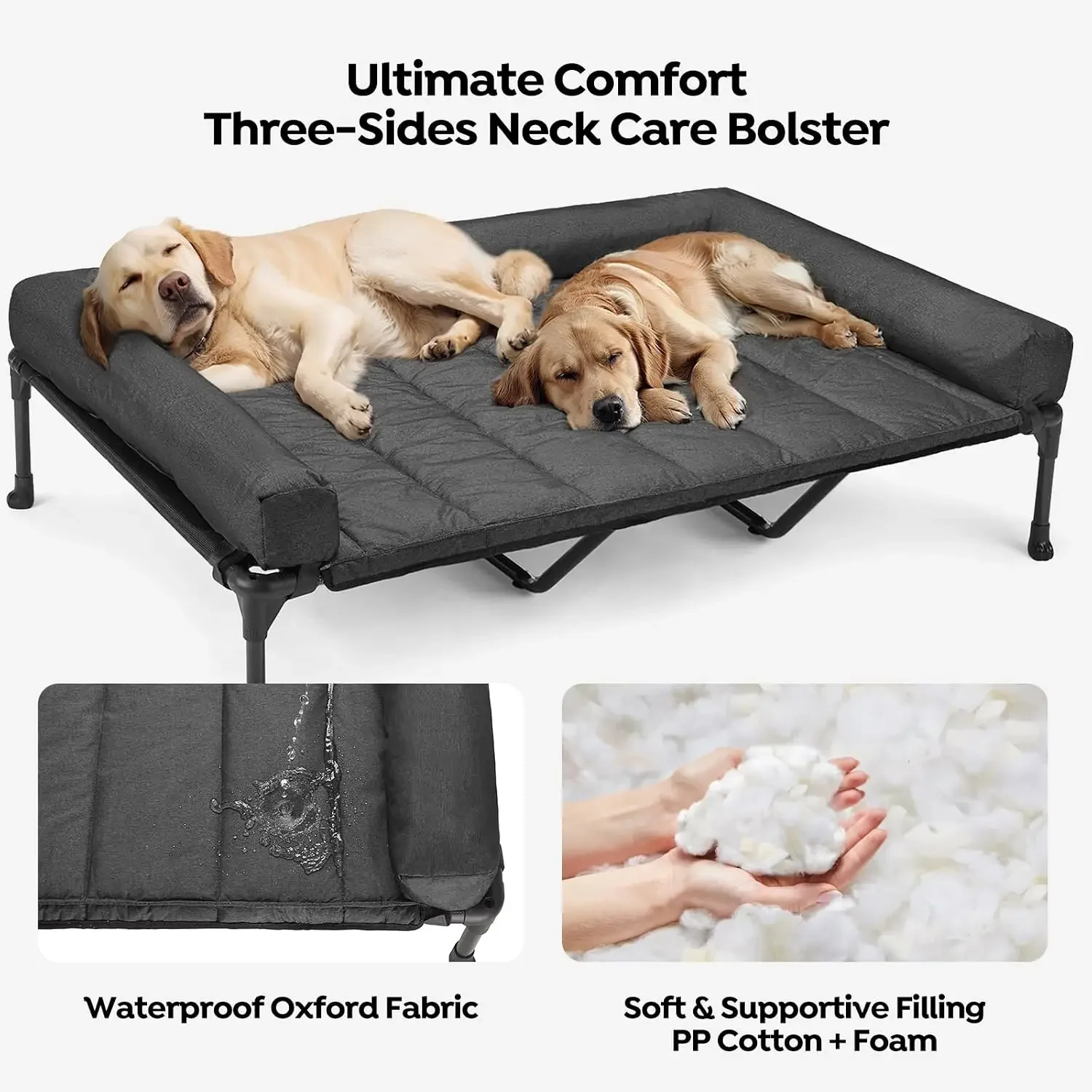Outdoor Elevated Dog Bed with Waterproof Bolster Cushion, Cooling | Raised Dog Bed with Removable & Washable Mat Topper
