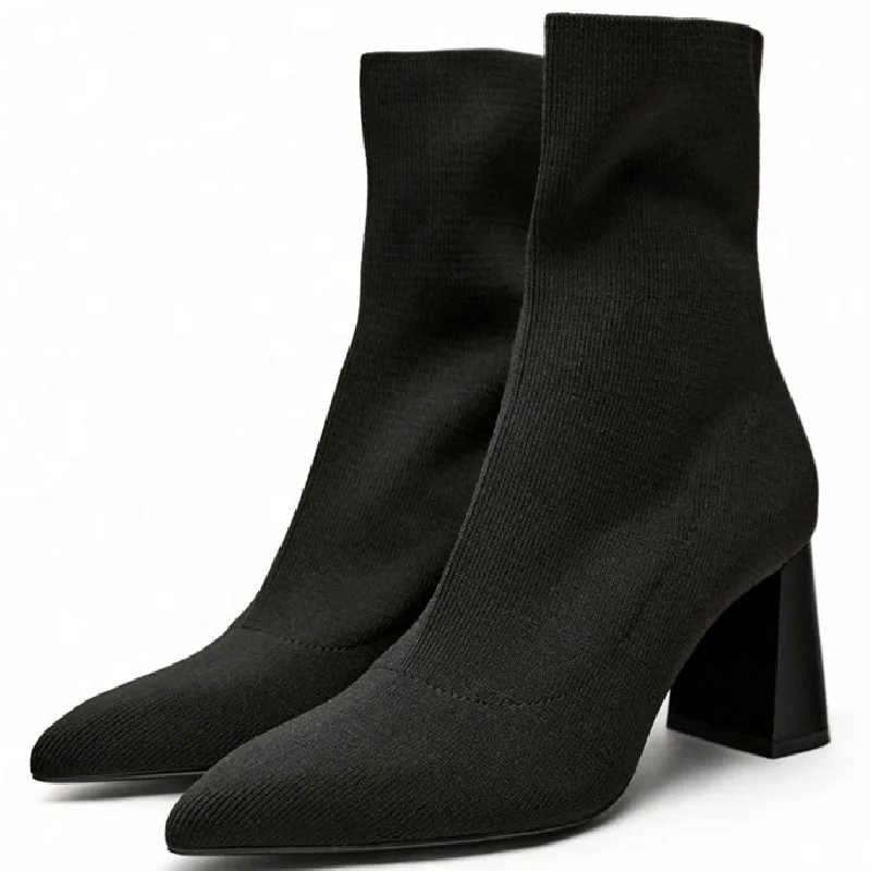 

Higher Quality Knit Pointed Toe Women Boot Fashion Square Heel Breathable Stretchy Boot Winter Simple Warm High-heel Women Boots
