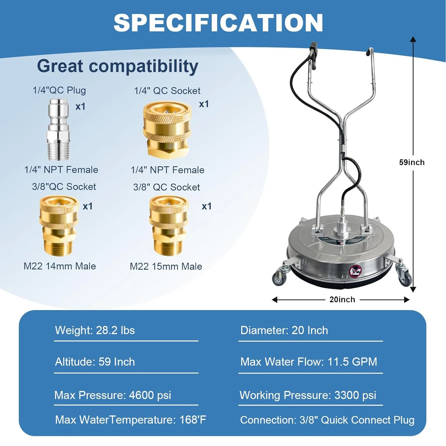 20" 4600 PSI Pressure Washer Surface Cleaner with Dual Handles 4-Wheel Design for Driveways Sidewalks Curbs Decks & Patios