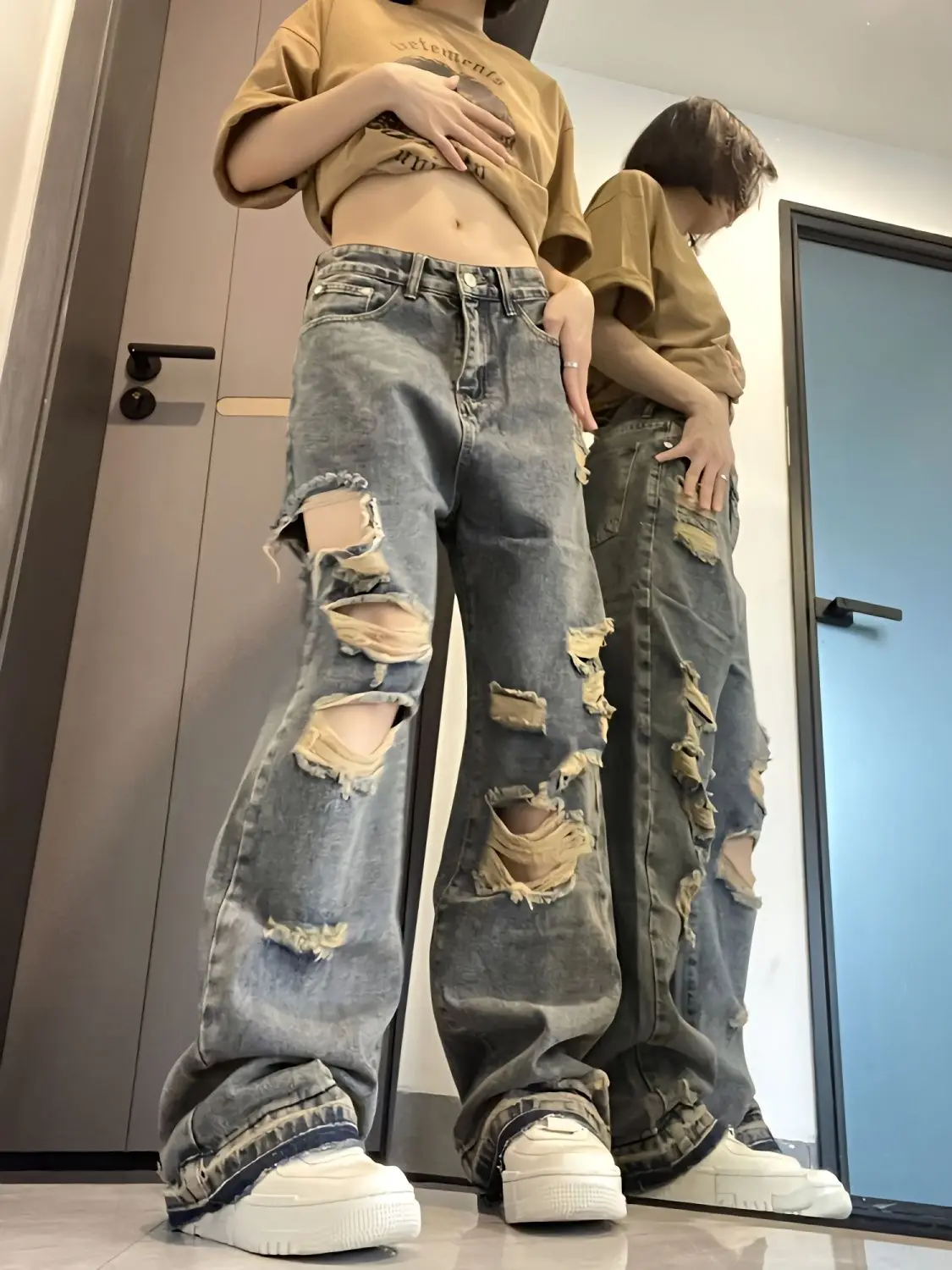 

Retro Straight-leg Ripped Jeans for Women High Street New Style Niche Design Wide-leg Trousers