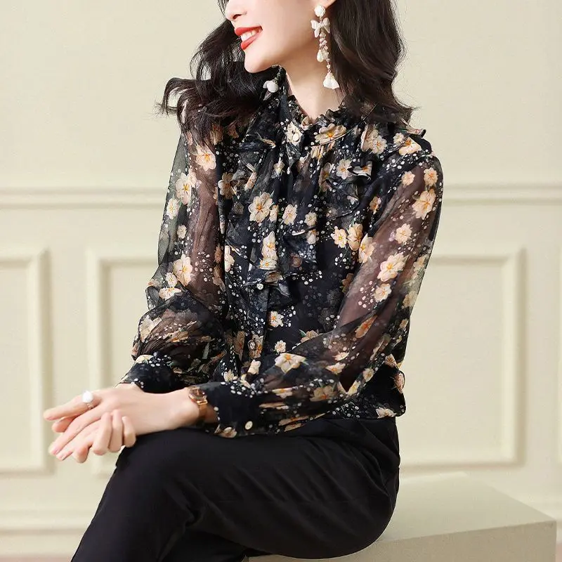 Women Clothing Summer Korean Fashion Floral Print Shirt Vintage Elegant Chic Ruffles Blouse Casual Long Sleeve Thin Chiffon Tops