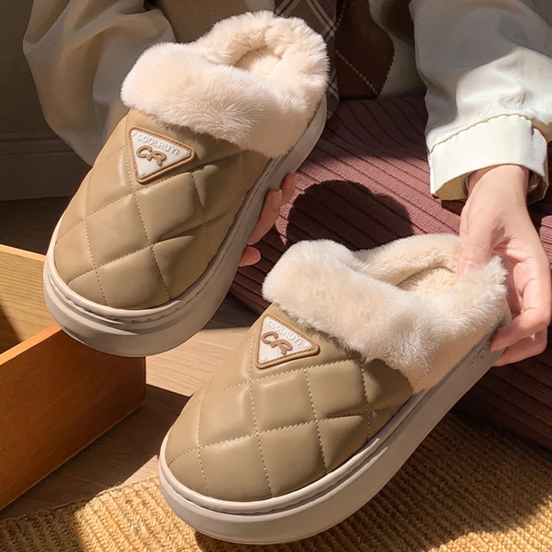 Pu Leather Waterproof Thick Bottom Plush Slippers Women Warm Anti Slip Platform Cotton Padded Shoes Soft Sole Fluffy Snow Boots