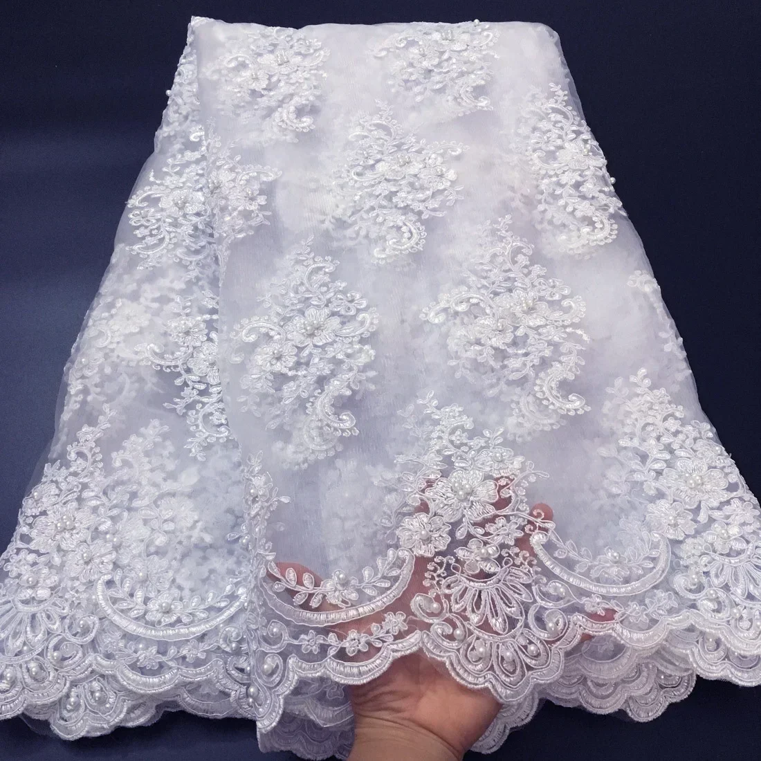 White African French Beaded Lace Fabric 2024 High Quality White Nigerian Tulle Mesh Lace Fabric For Party Wedding Dress K-D2327C