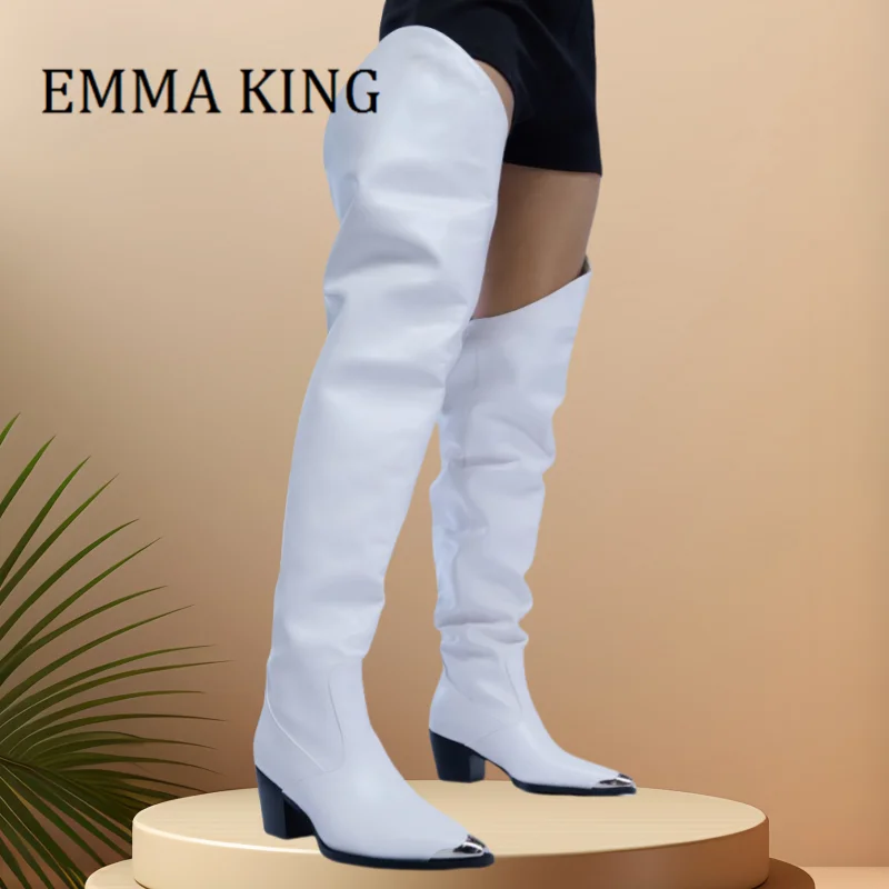 

Ladies Over The Thigh Western Boot Sexy Pointed Toe Chunky Heel Long Boots Comfortable Cowboy Shoes Autumn Winter Pull-On Shoes