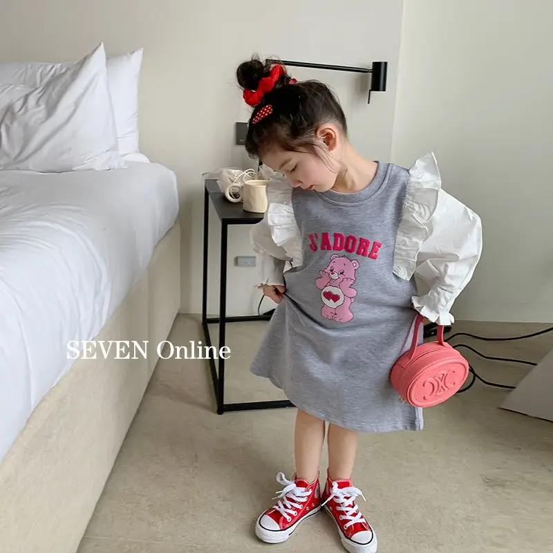 Girls' Dress 2022 Autumn New Sweet Flying Sleeves Top Cartoon Lace Contrast Color Straight Skirt Fashion