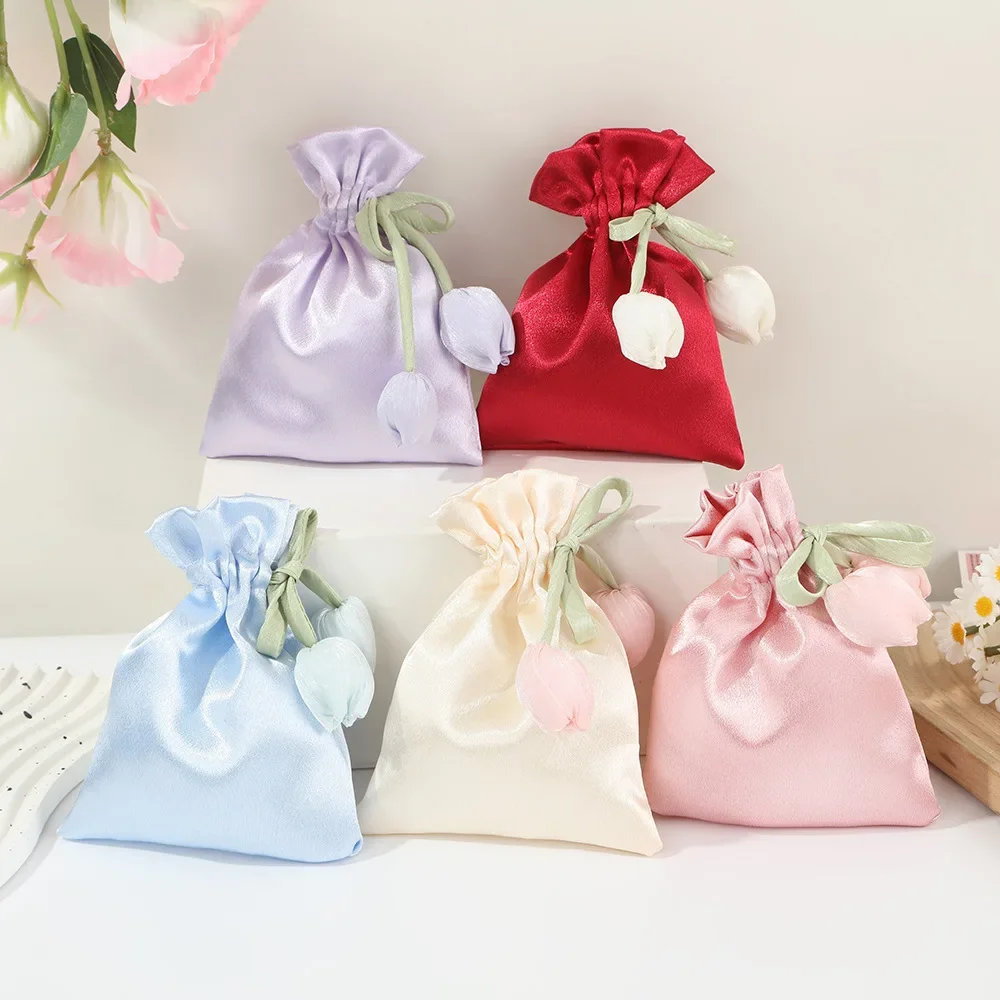 

20Pcs/Lot Elegant Tulip Drawstring Bag Wedding/Holiday Gift Packaging Bag Solid Color Satin High-Grade Packaging Bag