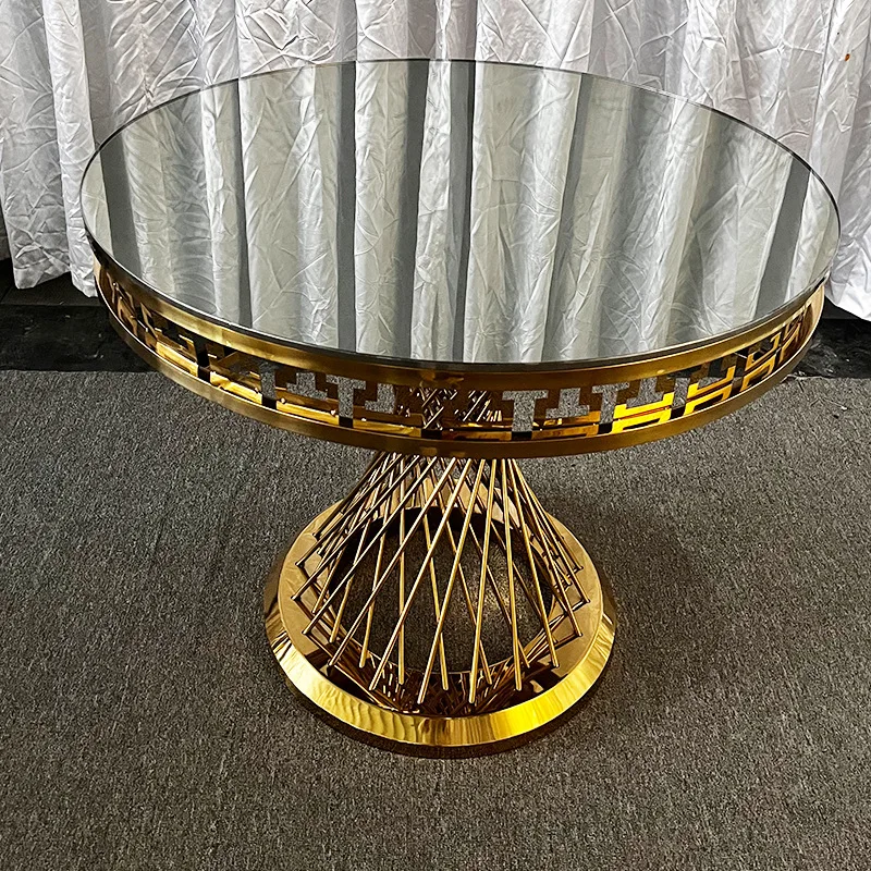 

Hot Sale Gold Stainless Steel Base Cake Display Table Mirror Glass Plinth Stand Coffee Metal Luxury Wedding Tables