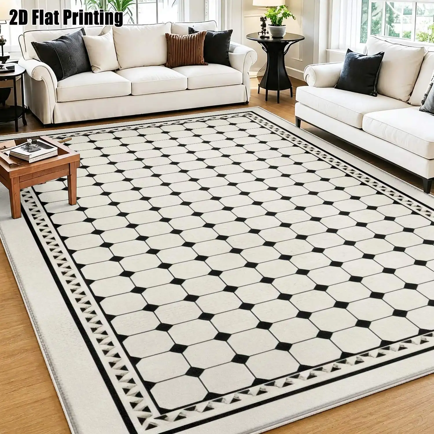 1Pc 2D Printed Black White Geometric Velvet Carpet, Nordic Modern Minimalist European Style, Multi-Size Machine Washable, for Home Decoration & Multi-Scenario Use