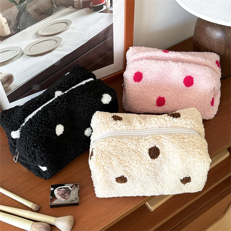 Simple Color Block Polka Dot Lamb Fleece Makeup Bag Large Capacity Portable Plush Cosmetic Storage Pouch for Women Female
