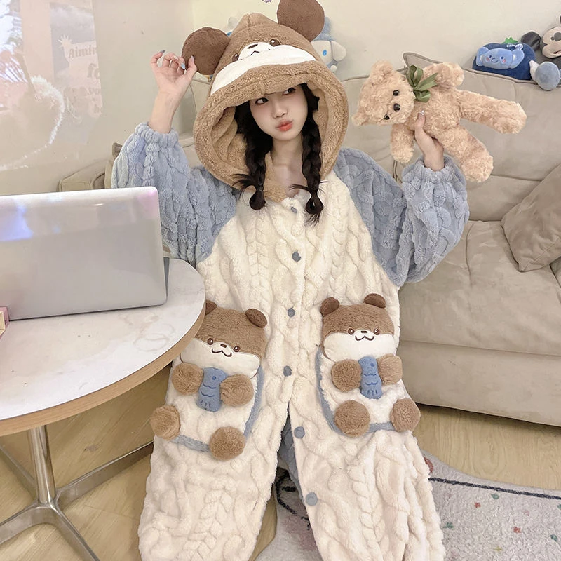 Autumn Winter Kawaii Cartoon Loungewear Women Thicken Warm Coral Velvet Long Nightgown Bath Robe Cute Loose Pajama Sets Homewear