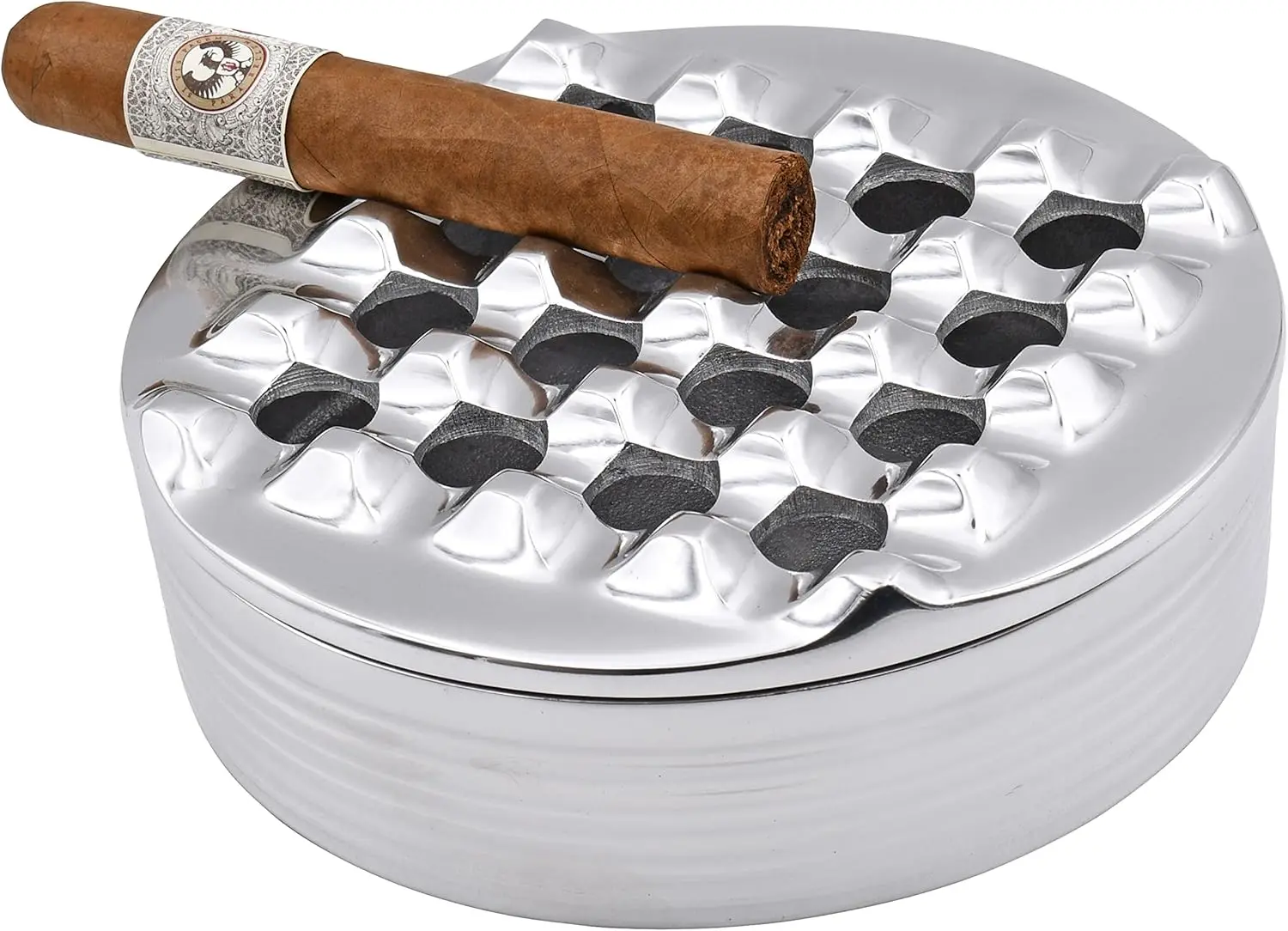 

7.5 Inch Round Grid Cigar Ashtray, Stylish Silver Design for Functional Use