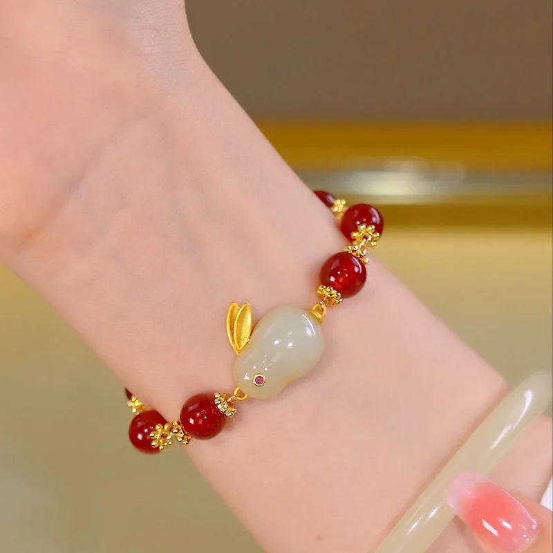 New in exquisite natural Hetian jade rabbit bracelet for women carnelian beaded bangles charm daily wear jewelry gift