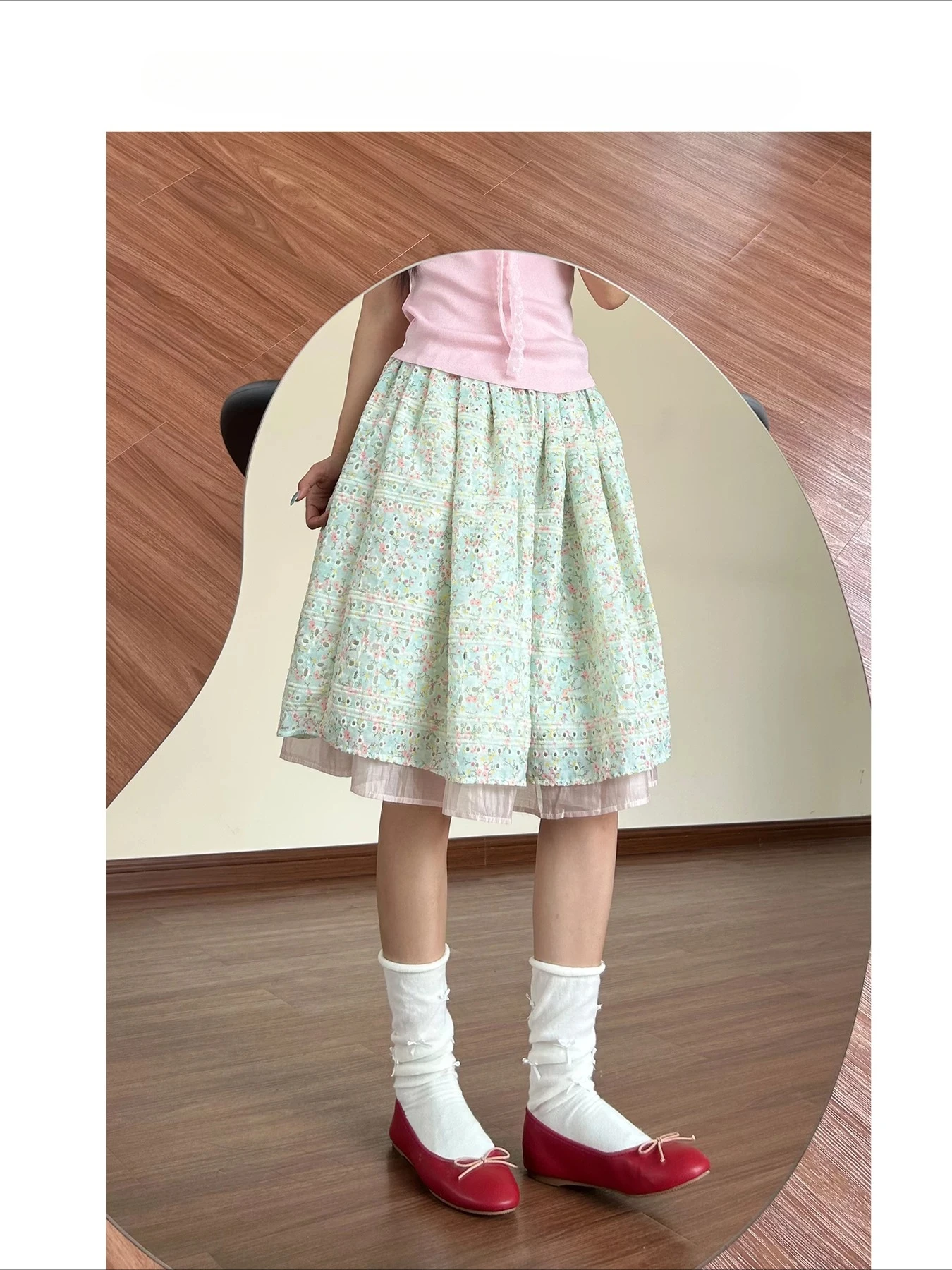 Large Size Pastoral Style Green Hollow Floral Skirt Women's Summer Fresh Sweet Mid-length A-line Skirts