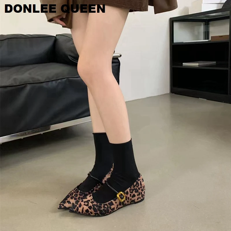 2024 Autumn Women Mary Jane Flats Shoes Fashion Brand Leopard Print Loafers Elegant Pointed Toe Moccasins Wedges Heels Ballerina