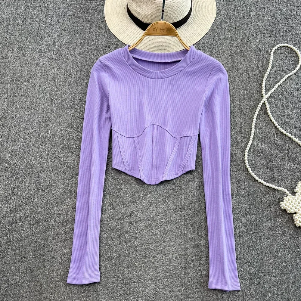 Chic Skinny Irregular Tshirt Sexy Ribbed Slim T Shirt Korean Fashion Tees  Long Sleeve High Waist Women Spring Autumn Crop Top