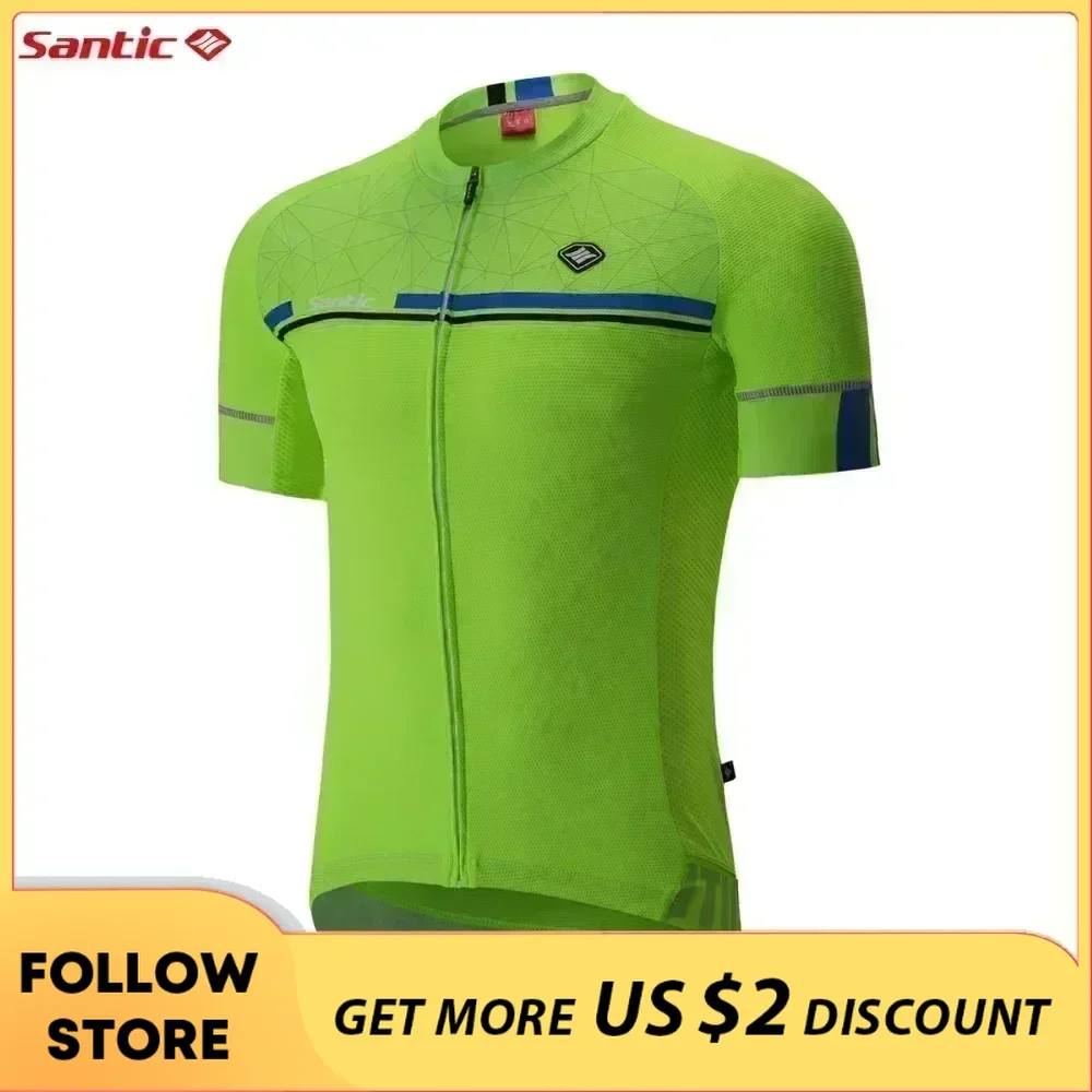 Santic Men\'s Cycling Jersey Short Sleeve MTB Bike Shirts Reflective Quick-Dry Breathable Mesh Summer Bicycle Tops Asian Size