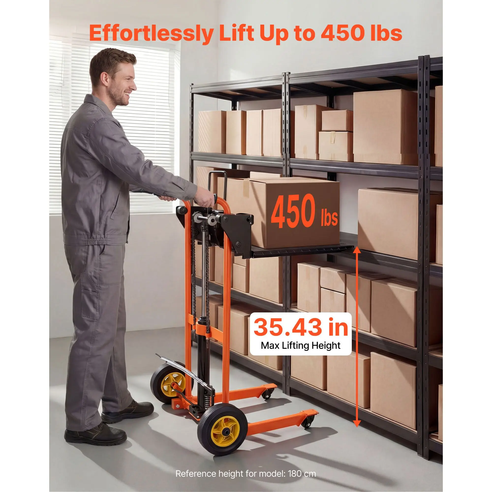 Hydraulic Material Lift Winch Stacker, 450 Lbs Load Capacity, Pallet Truck Dolly with Fork Lift Table, 35.4 Inches Max Lifting