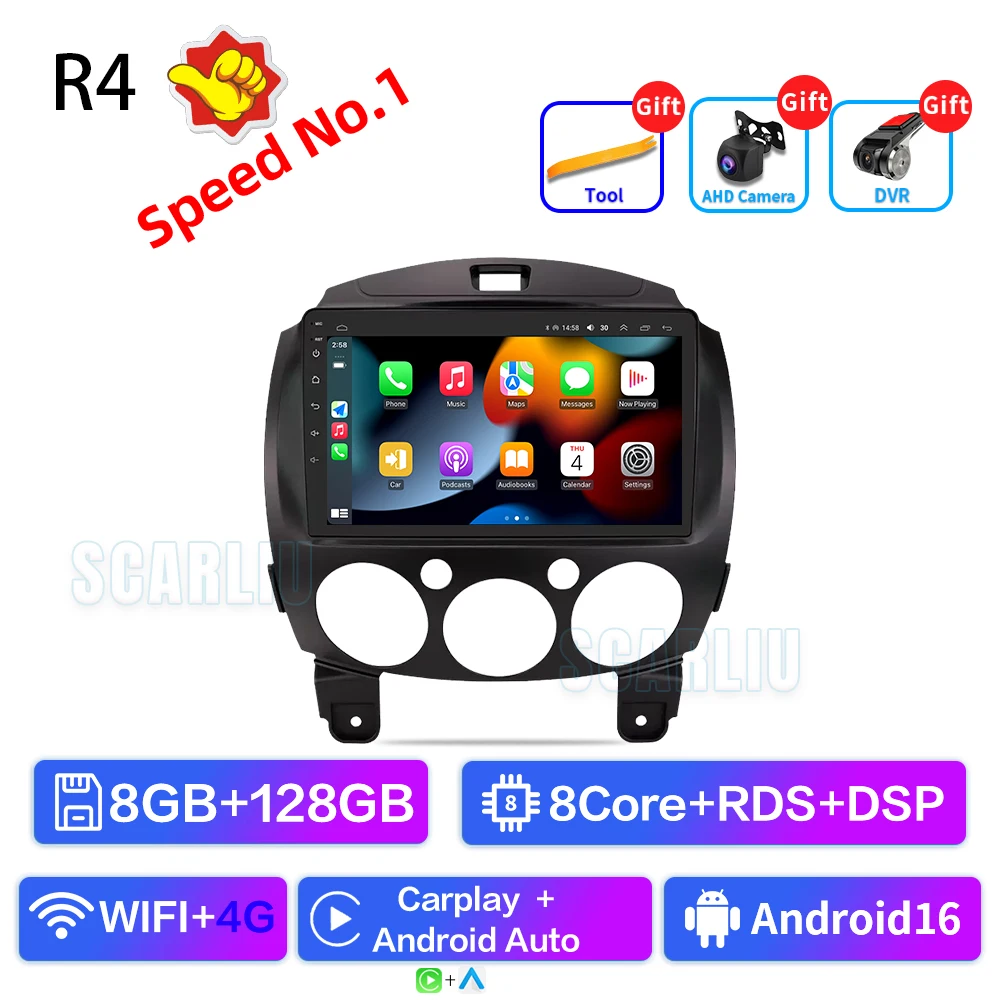 SCARLIU voor Mazda 2 2007-2014 Multimedia Video Player 4G WIFI GPS Navigatie Carplay DVD Head Unit 2 Din Android 16 Autoradio