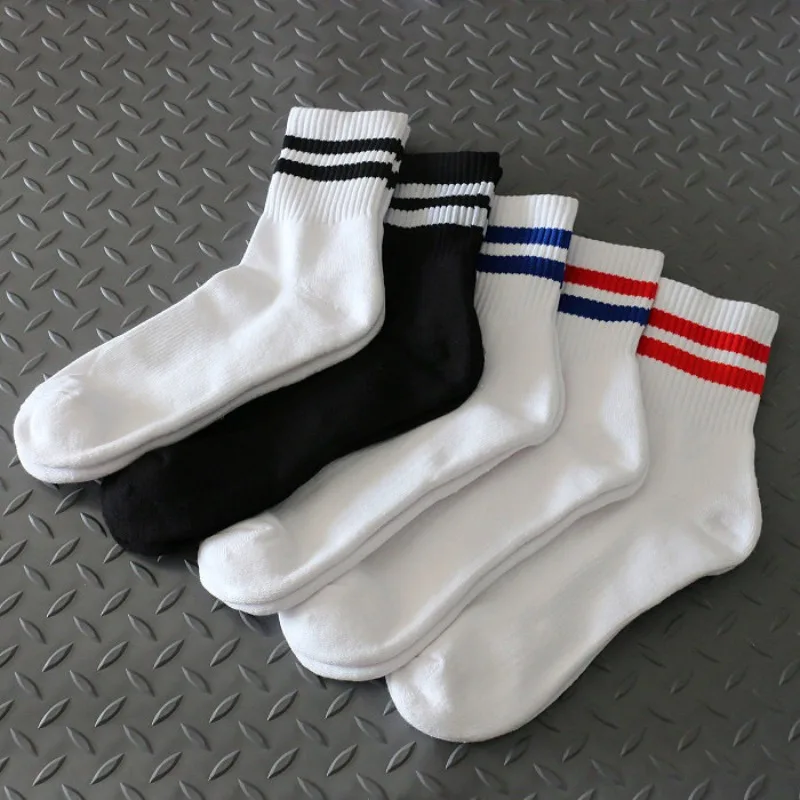 

Утолщенные полотенца в полоску до середины икры, студенческие белые носки, хлопковые носки, мужские баскетбольные носки с двумя полосками, осень и зима