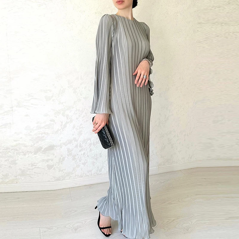 2024 New Women\'s O Neck Pleated Party Dress Gentle Temperament Solid Color Flared Sleeve Dress Elegant Lace Up Slim Long Dresses