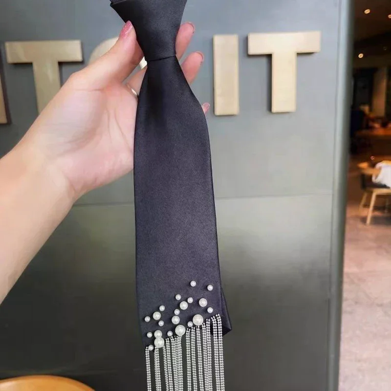 

Элегантный корейский стиль, галстук с жемчугом и кисточками, черный длинный галстук из бисера, академический стиль, геометрическое украшение, рубашка, галстук для женщин