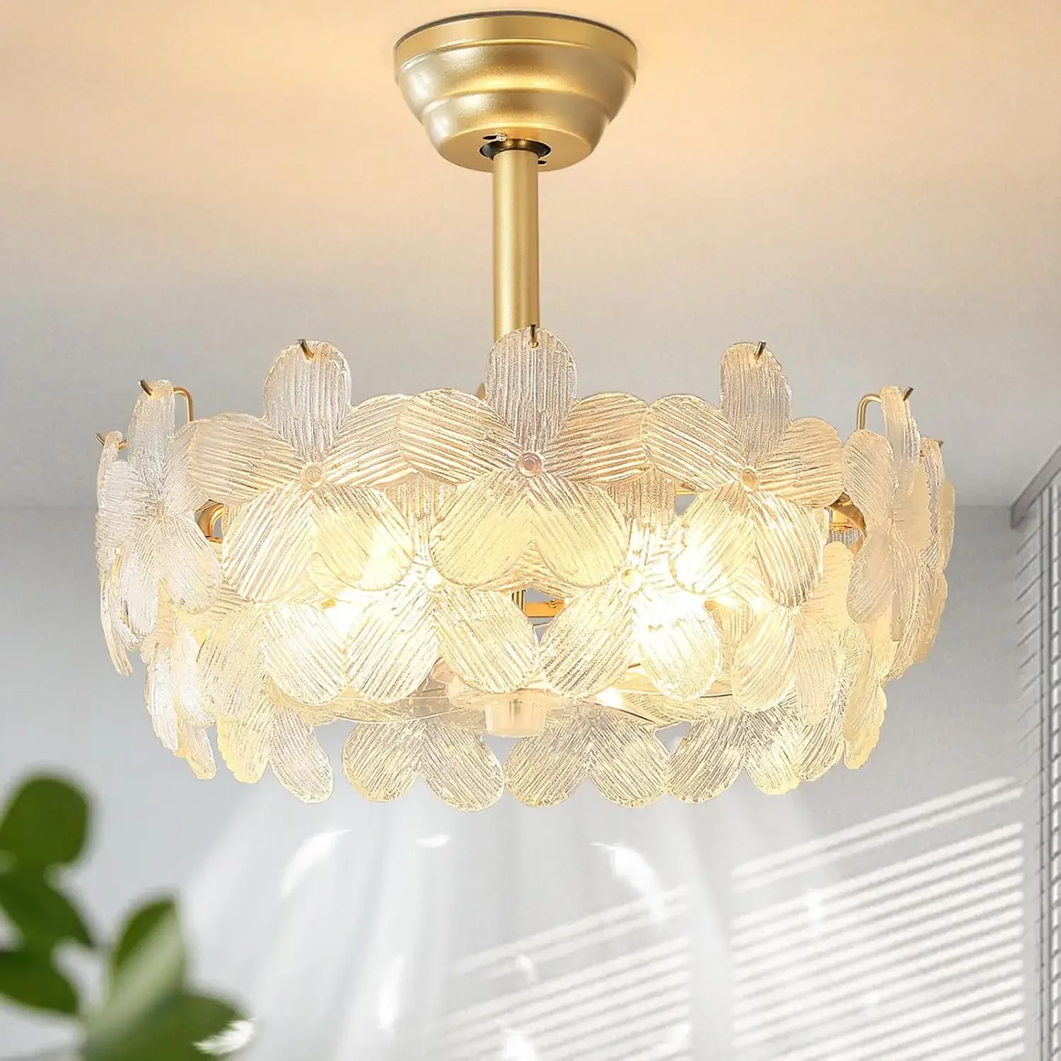 20'' Fandelier Ceiling Fans with Lights, Gold Caged Ceiling Fan with Remote Low Profile, 6 Speed and Petal, Modern Semi Flush Mo