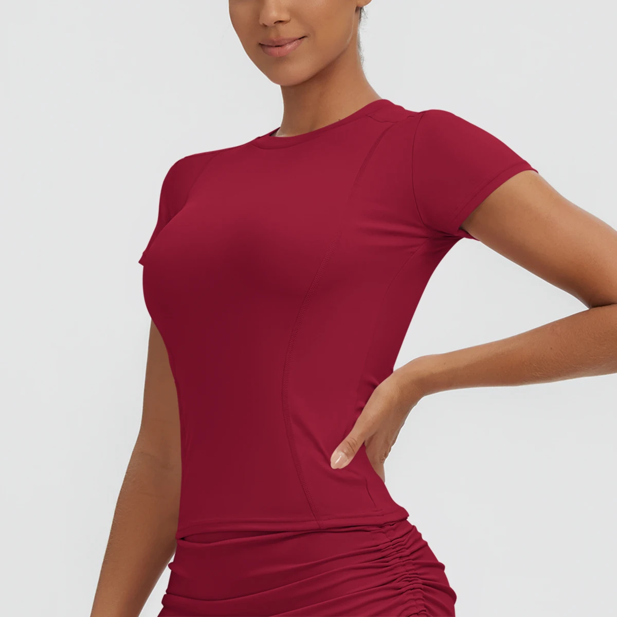 Neues Damen Sommer Yoga Kurzarm T-Shirt Lauf- und Radsport Einfarbiges Schnelltrocknendes Workout-Oberteil Enganliegend Atmungsaktive Yoga-Kleidung – Detail 12