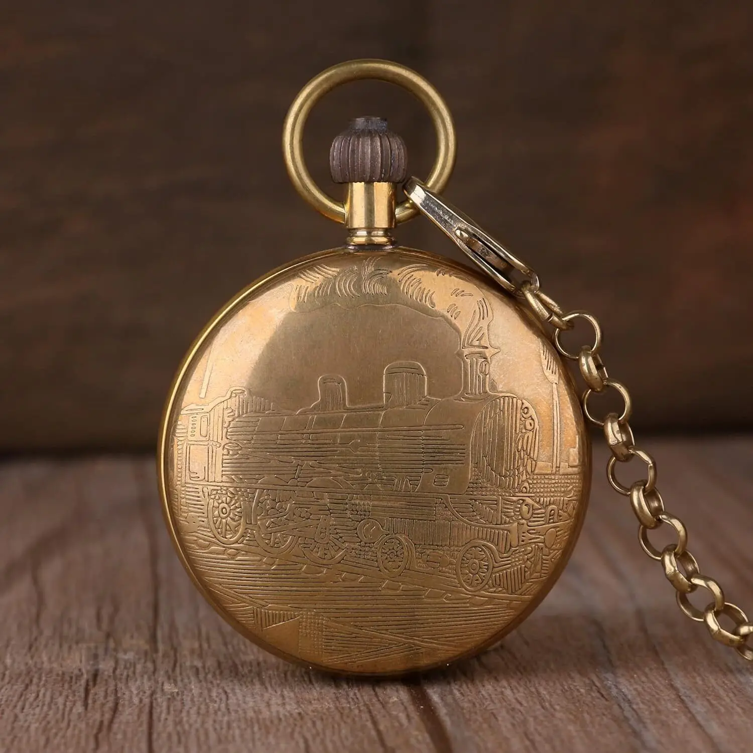 Vintage Copper Train London Design Hand Winding Mechanical Men's Pocket Watch w/Chain Nice Gift view 2