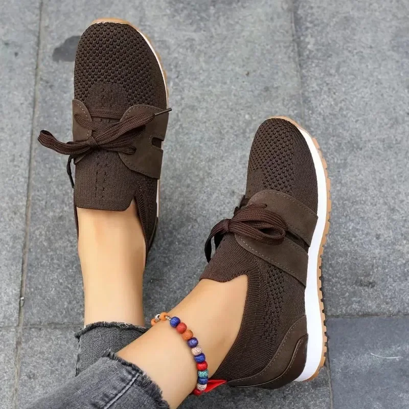 Brown Knit Breathable Sneakers Shoes Women New Soft Sole Platform Flats Woman Plus Size 36-43 Non Slip Casual Shoes