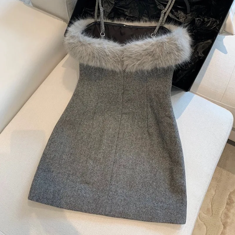 LEOSOXS 여성용 스파게티 스트랩 미니 드레스, 퍼리 칼라 디테일, 2025년 생일 행사 및 패션 모임에 완벽