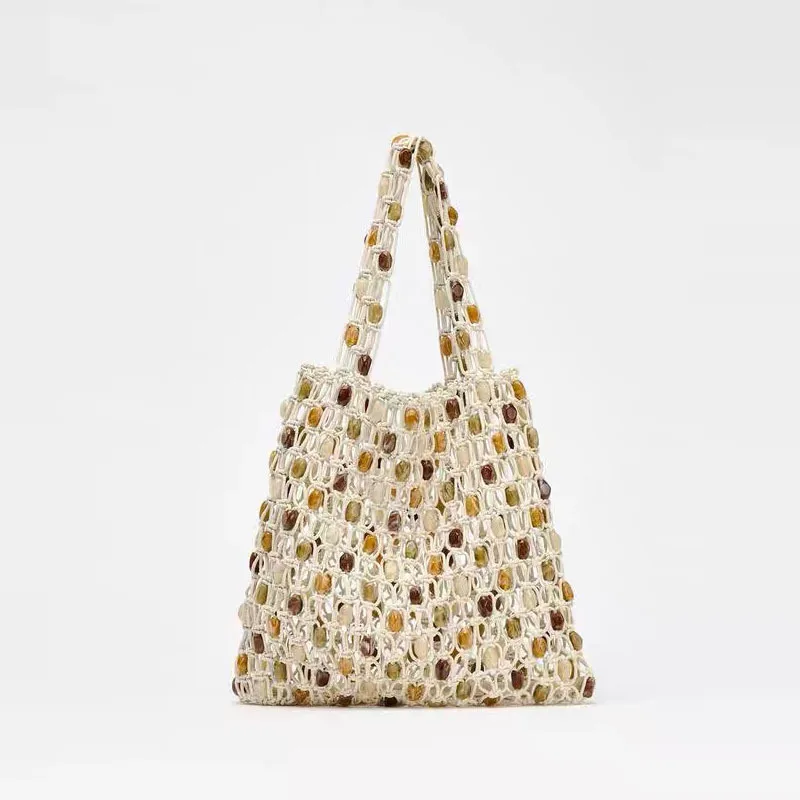 Summer New Wooden Bead Woven Bag Women Plaid Cutout Casual Beach Bag Premium Fashion Shoulder Tote