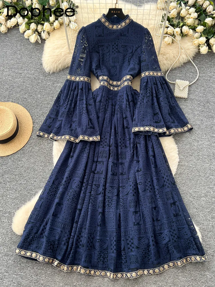 

French-style Vintage Lace Red Women's Dress 2026 Spring Long-sleeved Waist-cinching Elegant A-line Long Dress for Commuting