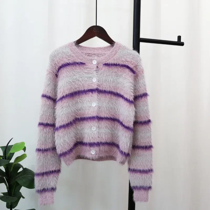 

DAYIFUN Imitation Mink Fleece Sweater Women 2023 Autumn New Fashion Purple Stripe Contrast Color Knitted Cardigan Female Jumpers