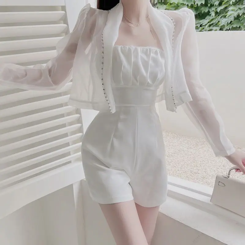 Korea Short Jumpsuit Two Piece Set Casual Suit Women's Summer Suit Tide Ice Silk Sunscreen Jumpsuit Tube Top High-End Jumpsuit