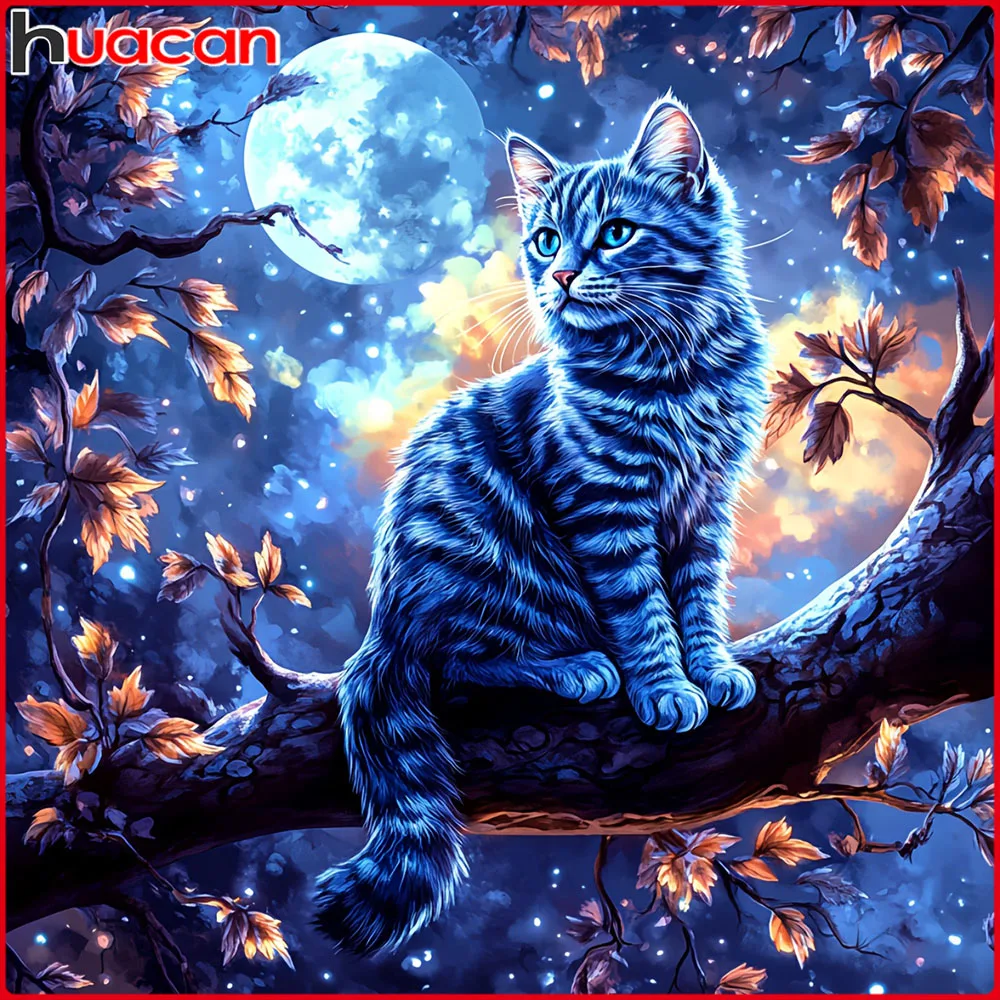 Huacan Neuheiten 2025, Diamantgemälde, Katze, Mond, Diamantmosaik, Tierlandschaft, komplettes Set, handgefertigtes Geschenk