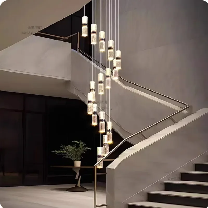 for Modern Bamboo Crystal Long Chandelier Nordic Light Luxury Duplex Living Room Dining Room Advanced Sense Rotating